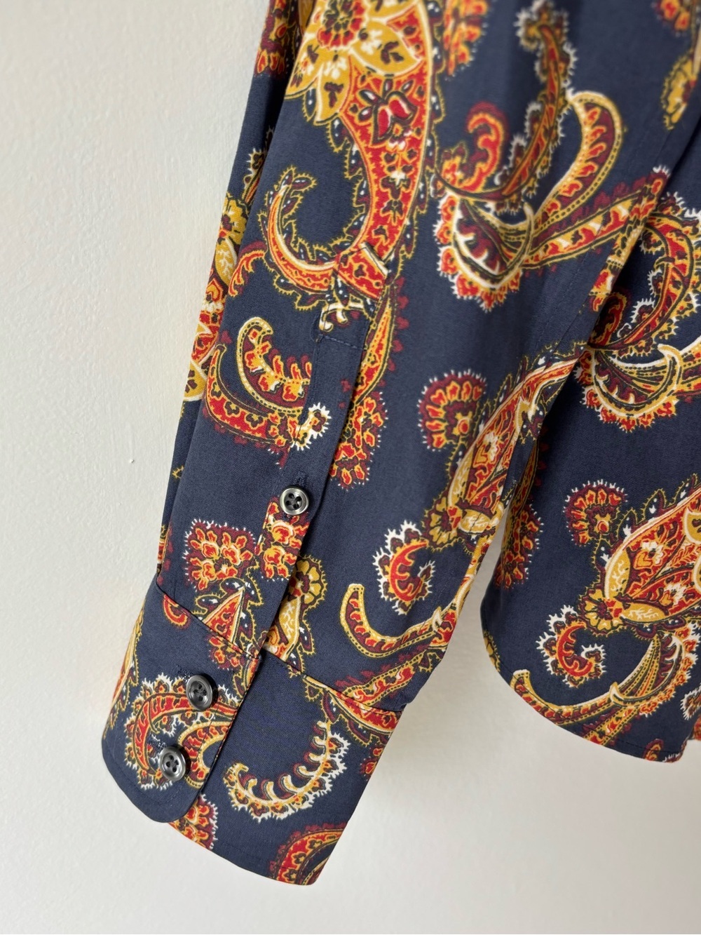 Lands' End Supima Cotton Button-Down Shirt Navy Orange Yellow Paisley Western - Picture 6 of 8